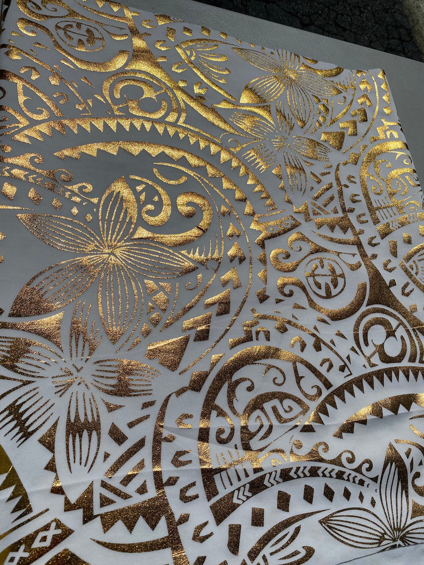 GTEX Collection- Exquisite Traditional Polynesian Tattoo Design | Foil Fabric - Stretch Scuba Fabric - 63" Luxury -Quality (White & Gold)   | Gtex Fabrics