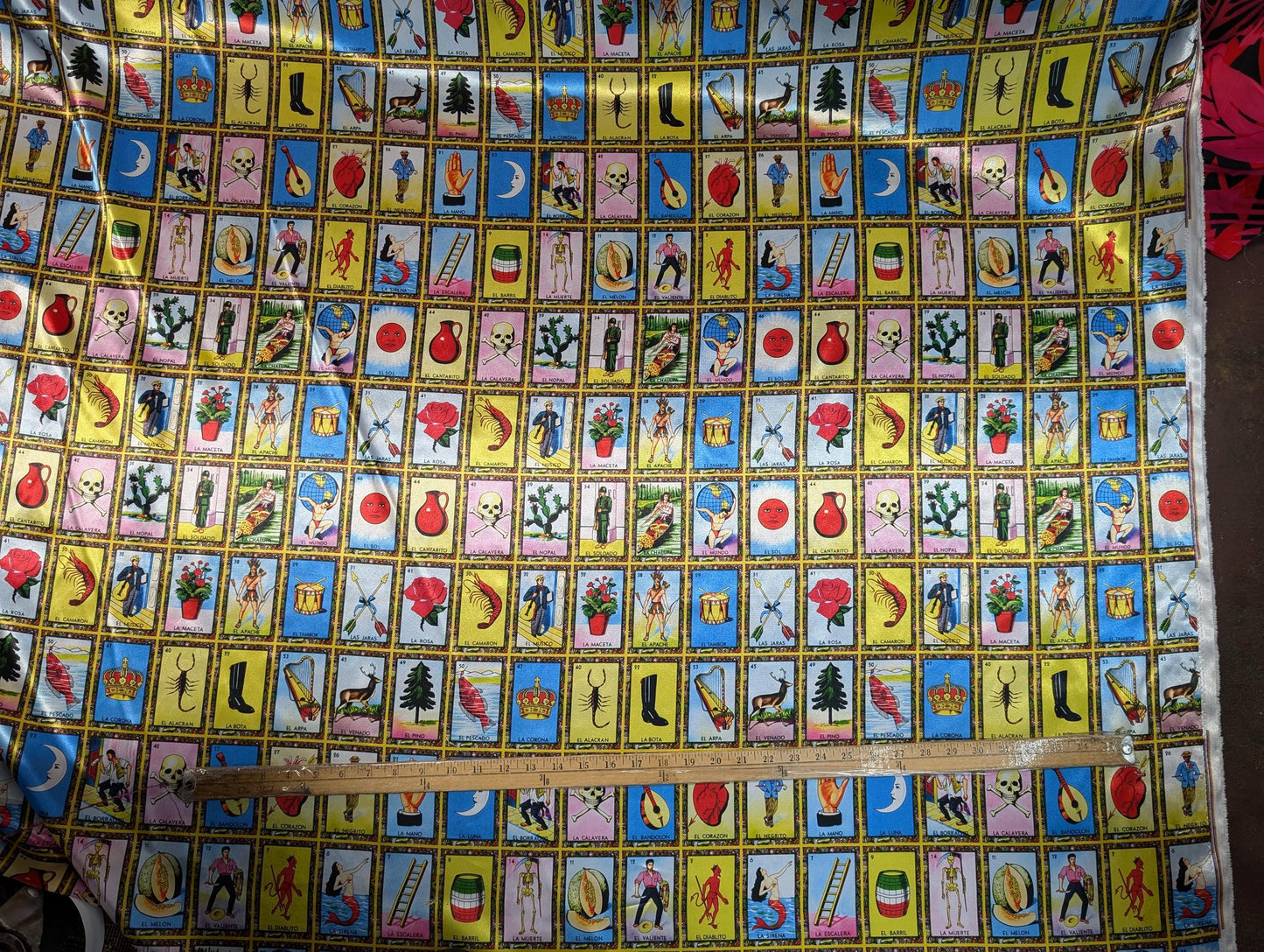 Loteria Mexican Fabric - Mexican Board Game Heavy Satin, 60" Wide by the Yard for Tablecloths, Apparel, & Crafts  | Gtex Fabrics