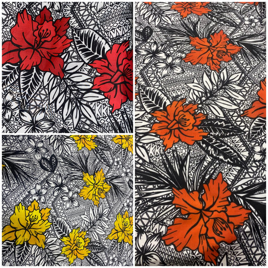 Hawaiian Print Luau Floral Tribal Tattoo Design Polyester Fabric 60” Sold By The Yard   | Gtex Fabrics
