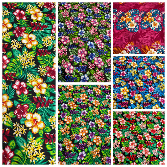 GTEX Collection A200- Polynesian Floral Fabric - Plumeria Hawaiian Flowers All over Fabric Design - Sold by the Yard - Rayon Fabric 45"  | Gtex Fabrics