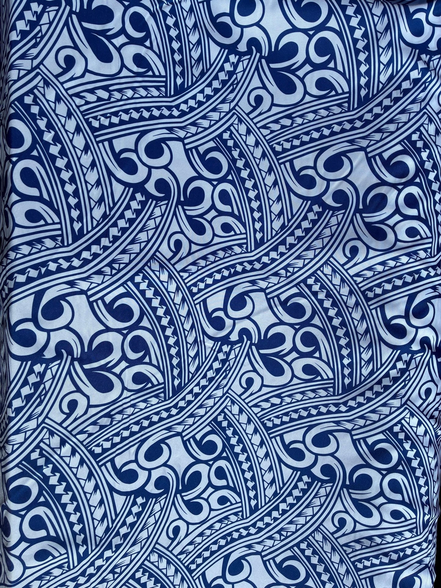 Island Fabric - Polynesian Tribal Fabric – 100% Polyester MiniMatt – Made in New Zealand 60” Wide (White and Blue)  | Gtex Fabrics