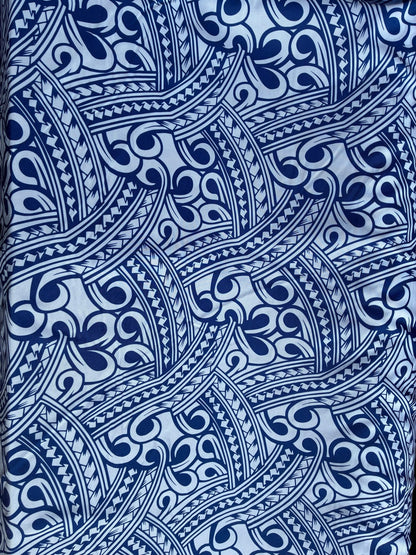Island Fabric - Polynesian Tribal Fabric – 100% Polyester MiniMatt – Made in New Zealand 60” Wide (White and Blue)  | Gtex Fabrics