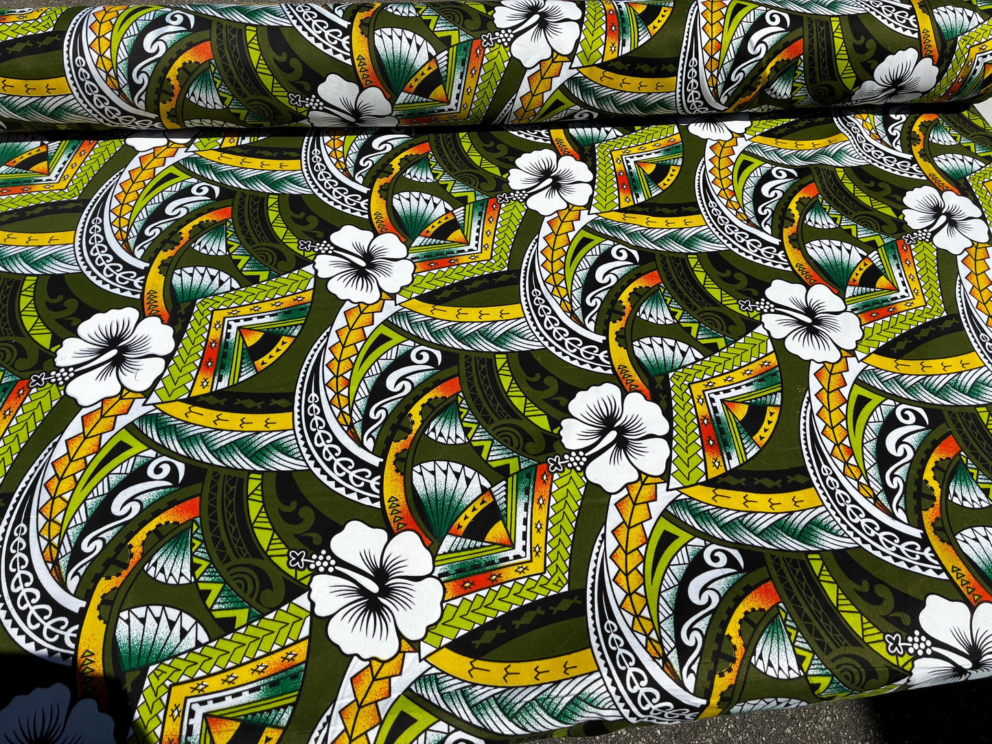 Polynesian Tribal Hibiscus Fusion – 45” Wide | Lightweight Soft Poly Cotton Feel | Sold by Yard or Roll | Island Design | Wholesale | Gtex Fabrics