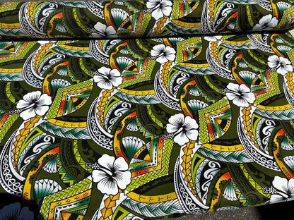 Polynesian Tribal Hibiscus Fusion – 45” Wide | Lightweight Soft Poly Cotton Feel | Sold by Yard or Roll | Island Design | Wholesale | Gtex Fabrics