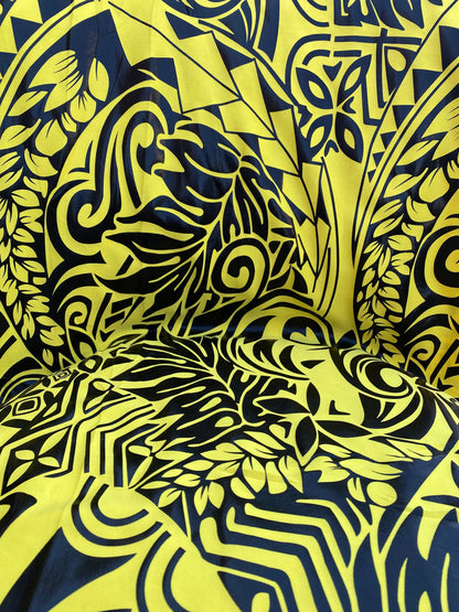 GTEX Collection- Exquisite Traditional Polynesian Tattoo Design | Foil Fabric - Stretch Scuba Fabric - 63" Luxury -Quality (Yellow & Black)  | Gtex Fabrics
