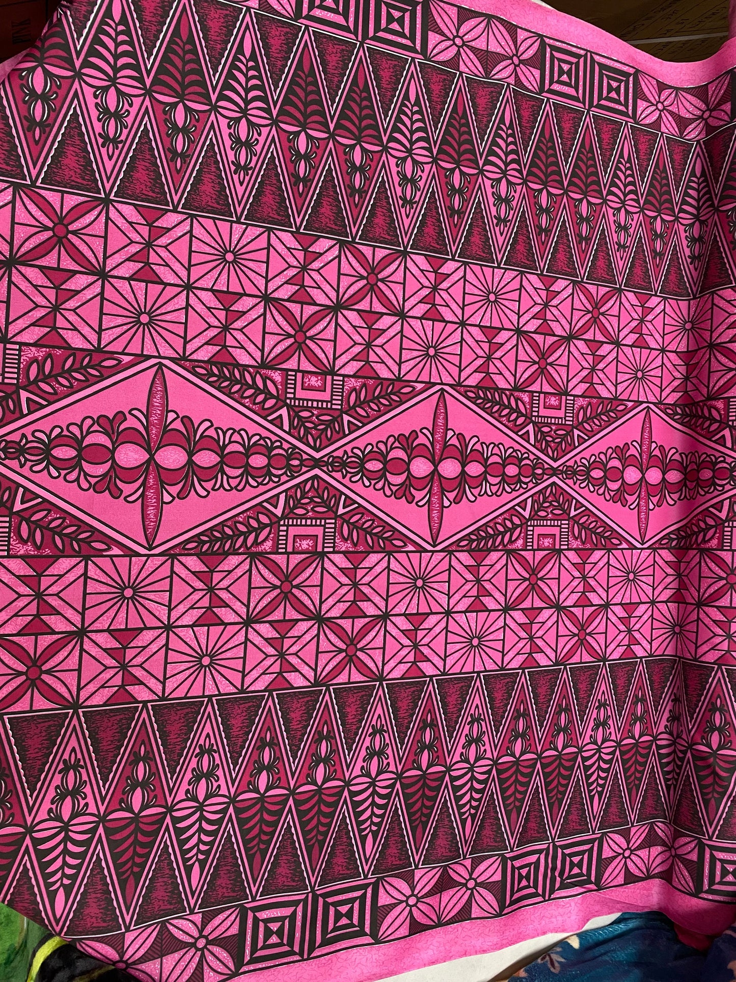 Polynesian Tongan Print, Tribal, Block Print, Polyester Fabric 45" - HD Design Island Fabric | POLY111 Pink