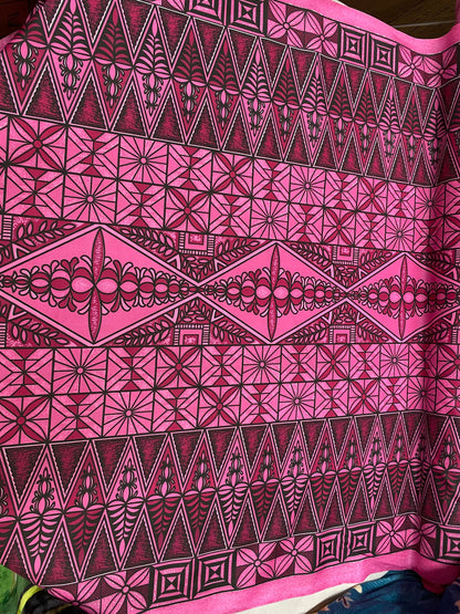 Polynesian Tongan Print, Tribal, Block Print, Polyester Fabric 45" - HD Design Island Fabric | POLY111 Pink