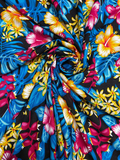 GTEX Collection A200- Polynesian Floral Fabric - Plumeria Hawaiian Flowers All over Fabric Design - Sold by the Yard - Rayon Fabric 45"  | Gtex Fabrics