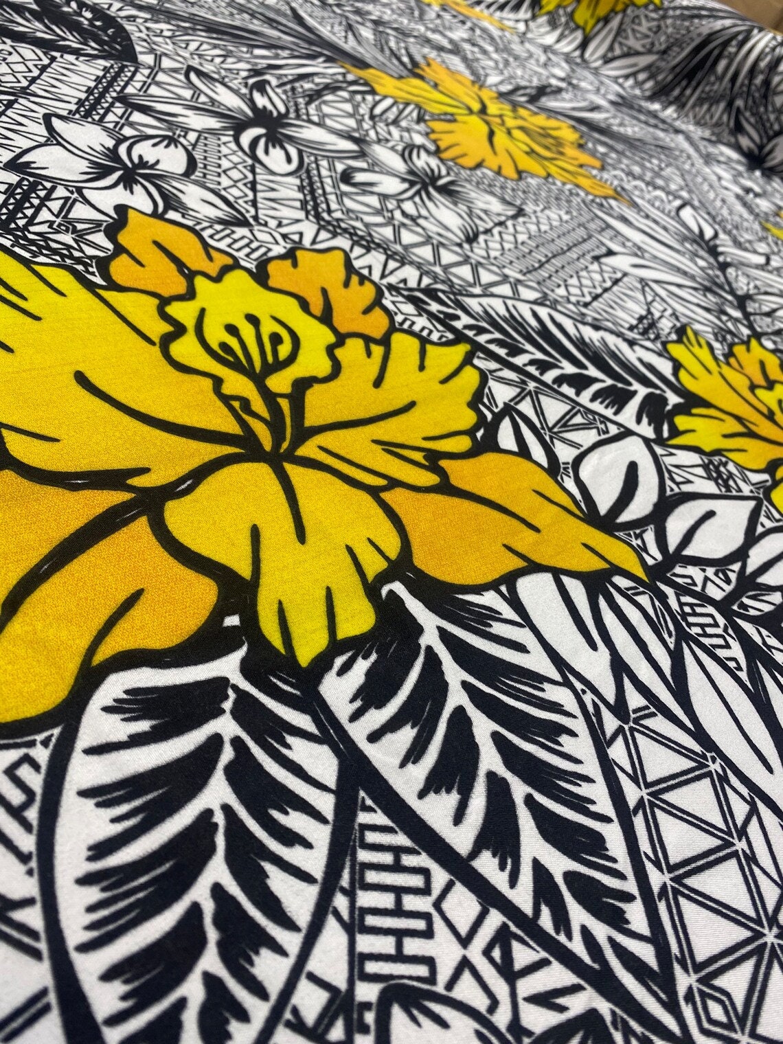 Hawaiian Print Luau Floral Tribal Tattoo Design Polyester Fabric 60” Sold By The Yard   | Gtex Fabrics