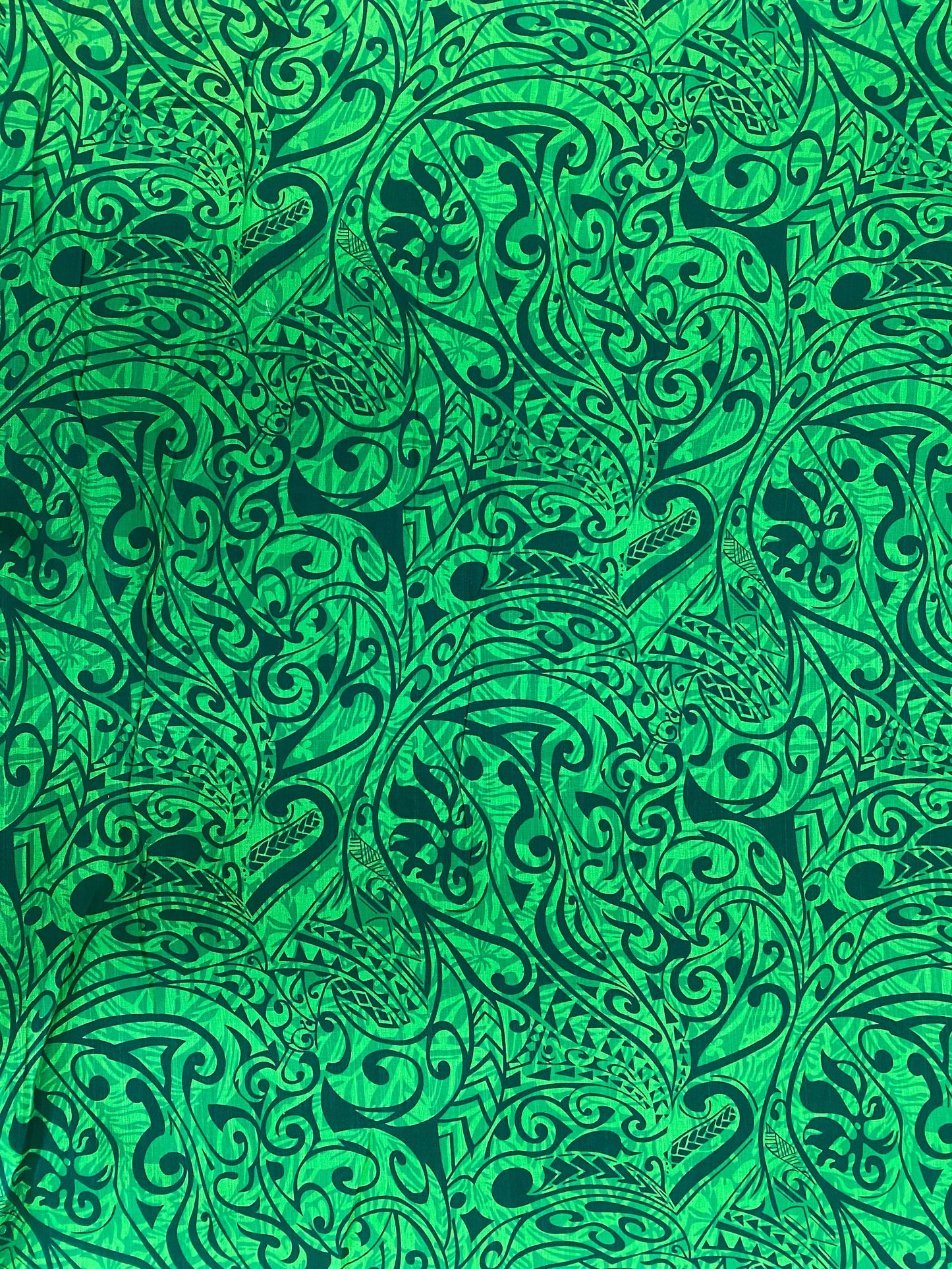 Polynesian Fabric - Green Tribal Tattoo Swirls, Samoan, Fiji, Island Fabric - Sold by the Yard -100% Cotton Lt Bark Cloth -Doby Cotton  | Gtex Fabrics