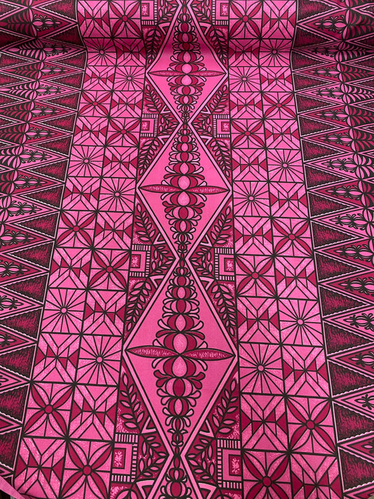 Polynesian Tongan Print, Tribal, Block Print, Polyester Fabric 45" - HD Design Island Fabric | POLY111 Pink