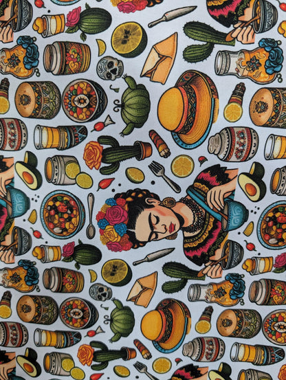 High Quality Mexican Fabric by the Yard – Frida Kahlo, Tattoo, Avocado, Sombrero, Cinco De Mayo – Mini Matt Material   | Gtex Fabrics