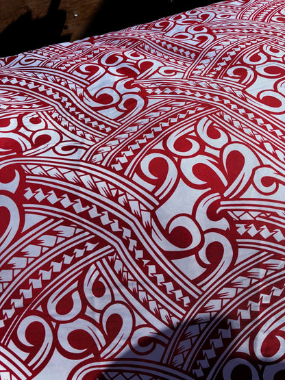 Island Fabric - Polynesian Tribal Fabric – 100% Polyester MiniMatt – Made in New Zealand 60” Wide (Red and White)  | Gtex Fabrics