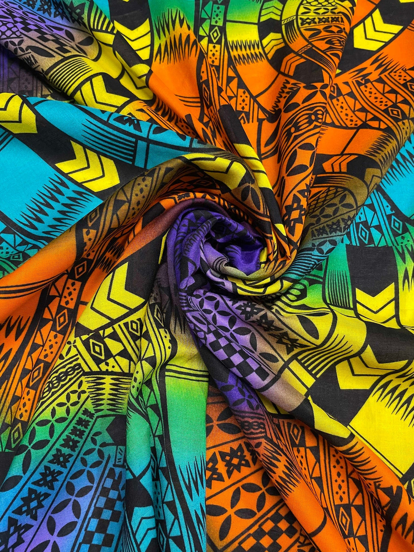 Polynesian Tapa Fabric - Colorful Tribal Hawaiian Cute and Unique Fabric Design - Sold by the Yard - Luxury Rayon Quality 45"  | Gtex Fabrics