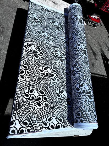 Island Fabric - Polynesian Tribal Fabric – 100% Polyester MiniMatt – Made in New Zealand 60” Wide (Silver and Black)  | Gtex Fabrics