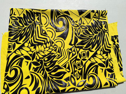 GTEX Collection- Exquisite Traditional Polynesian Tattoo Design | Foil Fabric - Stretch Scuba Fabric - 63" Luxury -Quality (Yellow & Black)  | Gtex Fabrics