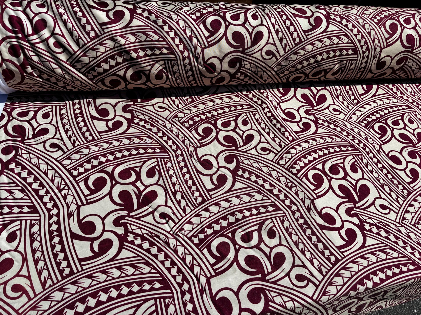 Island Fabric - Polynesian Tribal Fabric – 100% Polyester MiniMatt – Made in New Zealand 60” Wide (Beige and Burgundy)  | Gtex Fabrics