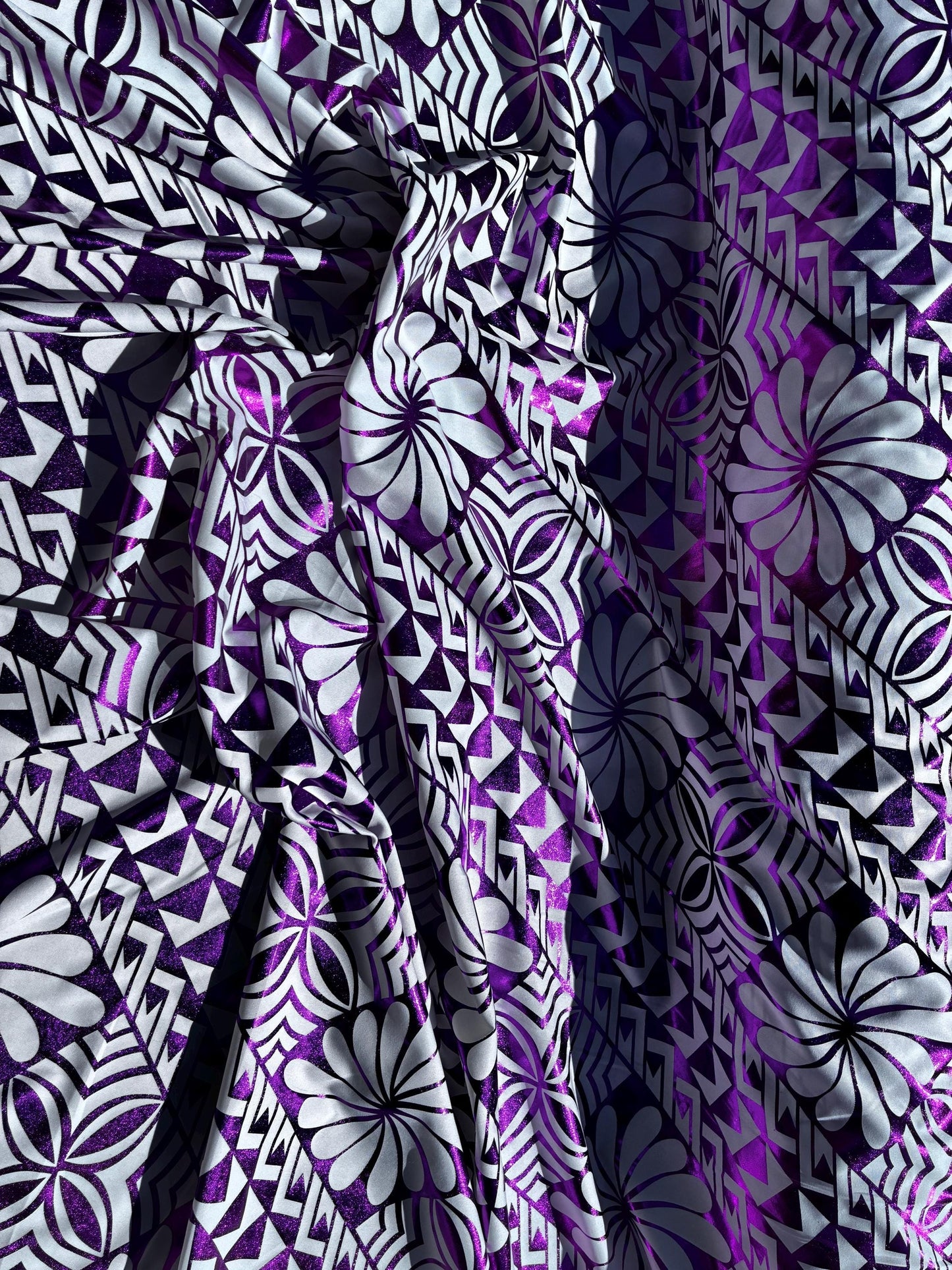 Traditional Polynesian Samoan Tongan Hawaiian Tattoo Hologram Foil Fabric | 58" White & Purple Color Foil Fabric (Non-Stretch) | Gtex Fabrics