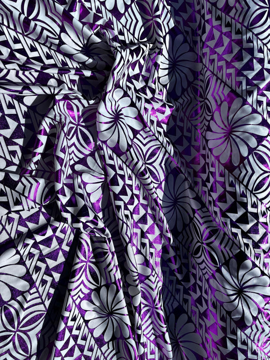 Traditional Polynesian Samoan Tongan Hawaiian Tattoo Hologram Foil Fabric | 58" White & Purple Color Foil Fabric (Non-Stretch) | Gtex Fabrics