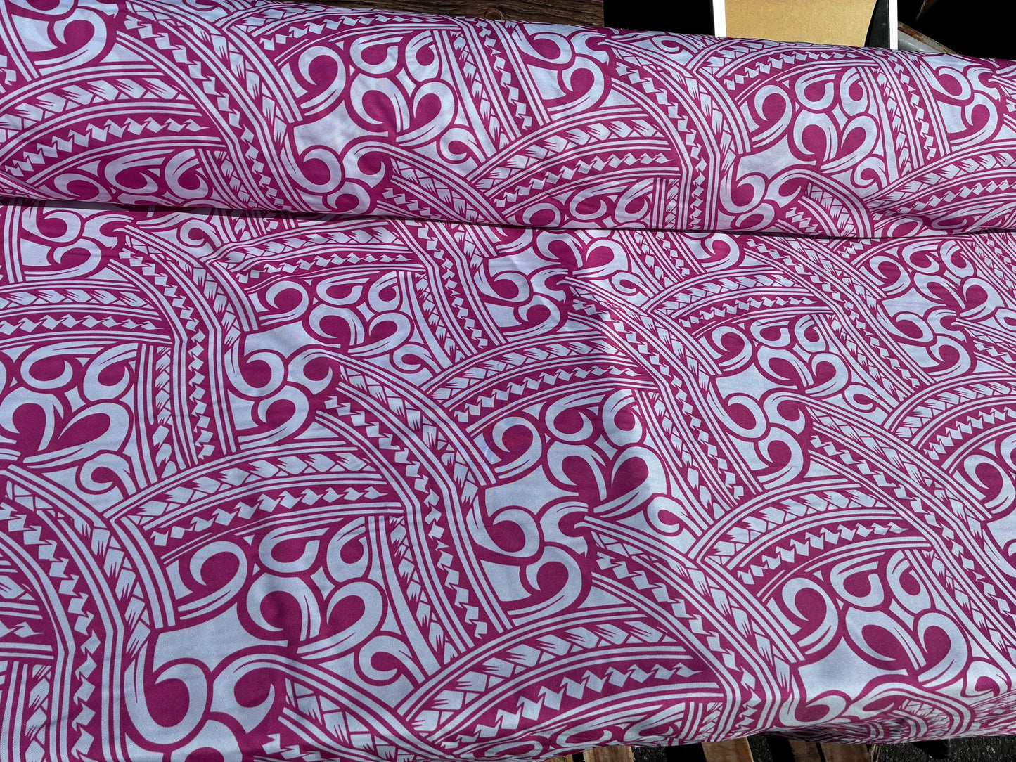 Island Fabric - Polynesian Tribal Fabric – 100% Polyester MiniMatt – Made in New Zealand 60” Wide (White and Pink)  | Gtex Fabrics