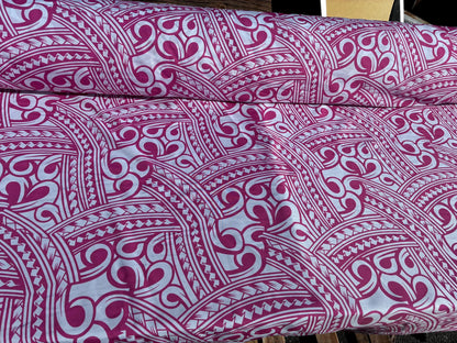 Island Fabric - Polynesian Tribal Fabric – 100% Polyester MiniMatt – Made in New Zealand 60” Wide (White and Pink)  | Gtex Fabrics