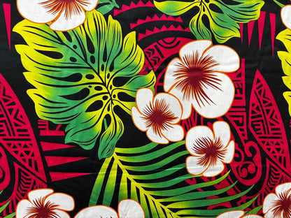 Polynesian Hibiscus & Monstera Fabric – 100% Cotton | 45" Wide | Tropical Island Print | Sold by Yard or Roll | Made in Thailand  | Gtex Fabrics