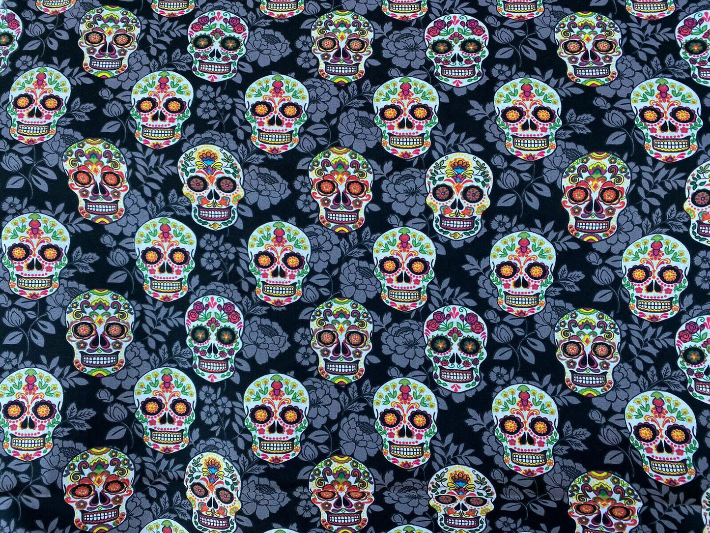 Mexican Heritage Folkloric Sugar Skulls 100% Cotton Fabric / Black & Gray Calaveras Fabric / 44" wide | Gtex fabrics