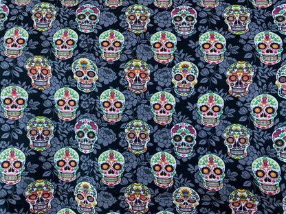 Mexican Heritage Folkloric Sugar Skulls 100% Cotton Fabric / Black & Gray Calaveras Fabric / 44" wide | Gtex fabrics