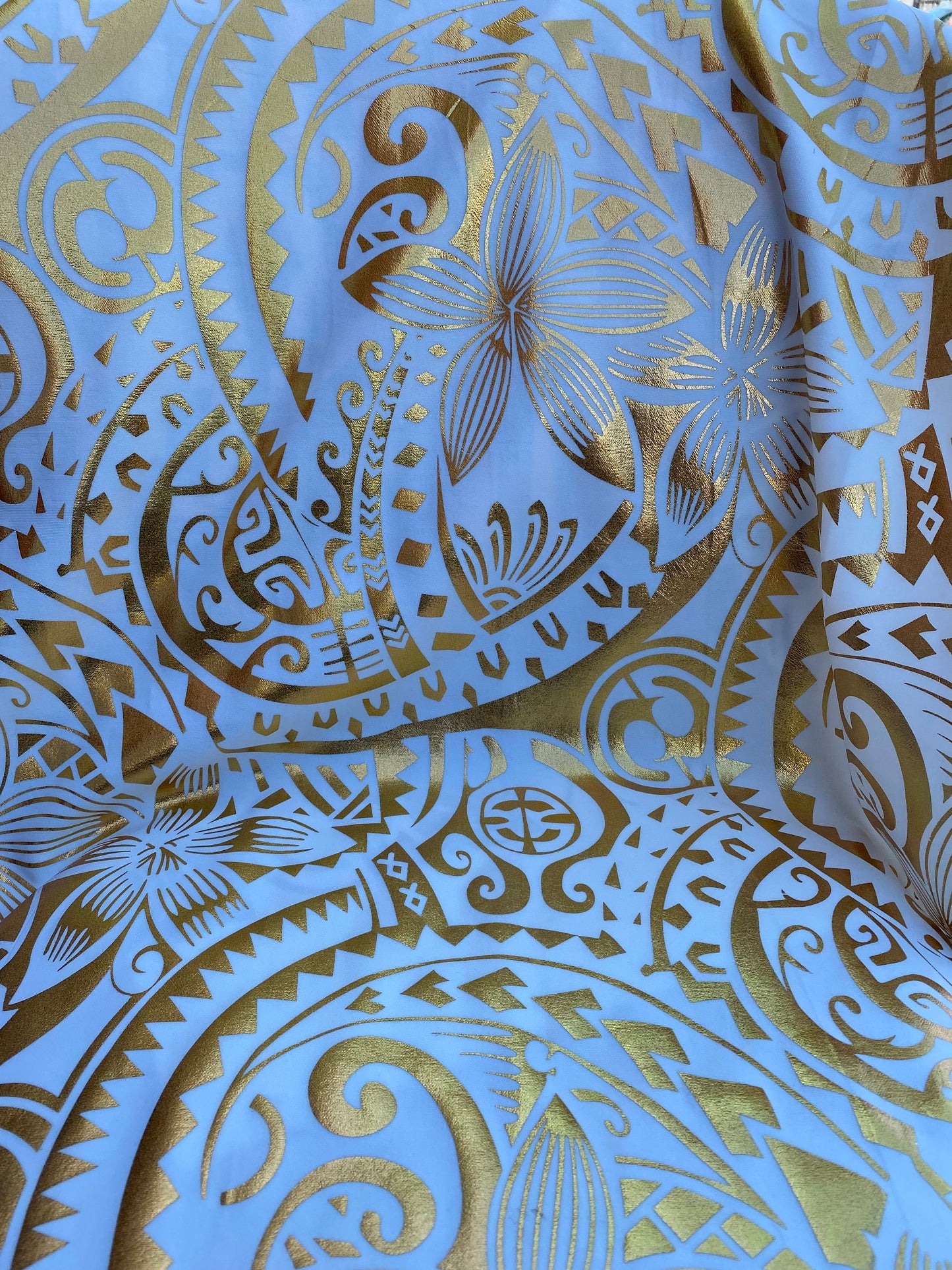 GTEX Collection- Exquisite Traditional Polynesian Tattoo Design | Foil Fabric - Stretch Scuba Fabric - 63" Luxury -Quality (White & Gold)   | Gtex Fabrics