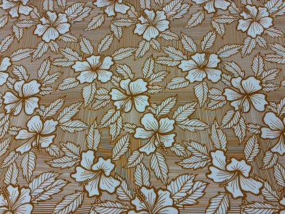 Hibiscus & Leaf Fabric – Gold and Begie Poly Cotton Blend Fabric, 44” Wide Tropical Island Print by the Yard