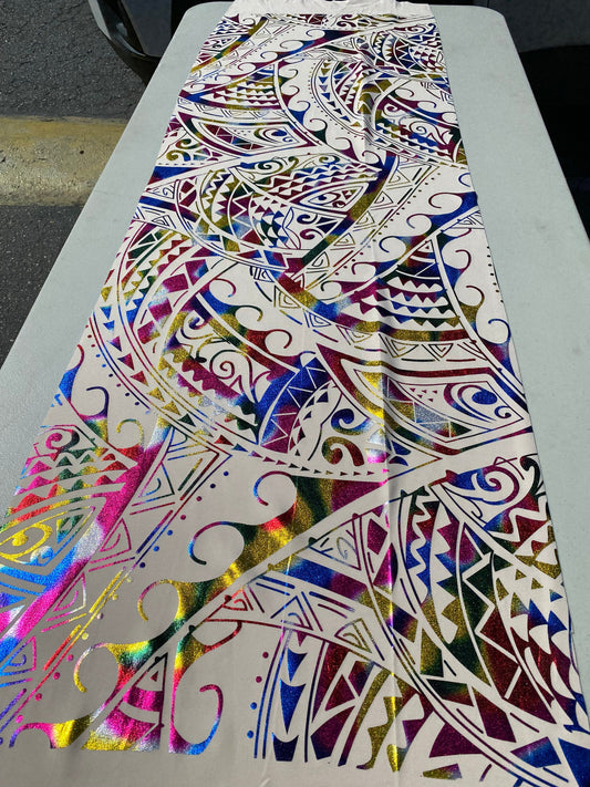 GTEX Collection- Exquisite Traditional Polynesian Tattoo Design | Foil Fabric - Stretch Scuba Fabric - 63" Luxury - Quality (Champagne Mix) | Gtex Fabrics