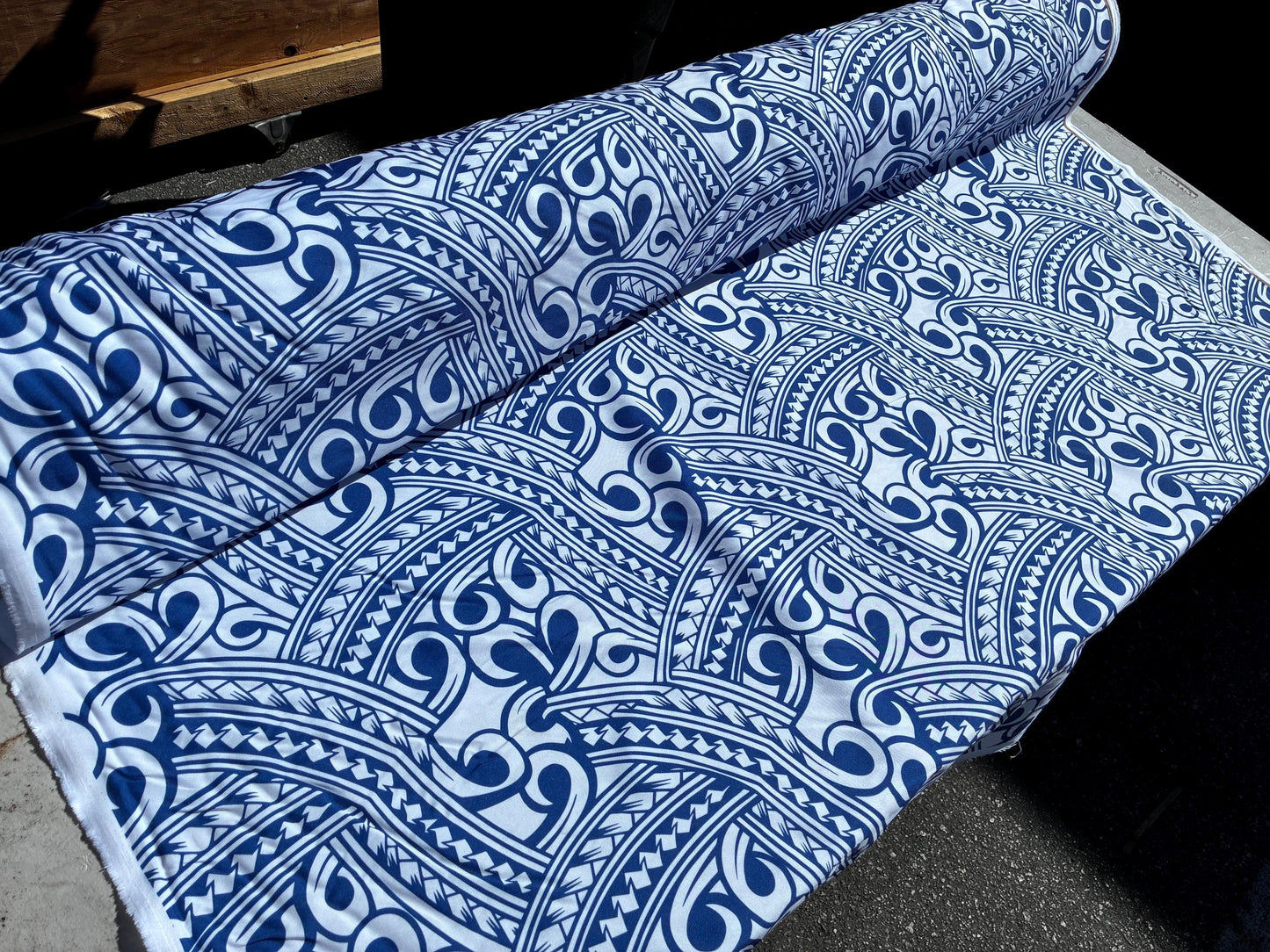 Island Fabric - Polynesian Tribal Fabric – 100% Polyester MiniMatt – Made in New Zealand 60” Wide (White and Blue)  | Gtex Fabrics