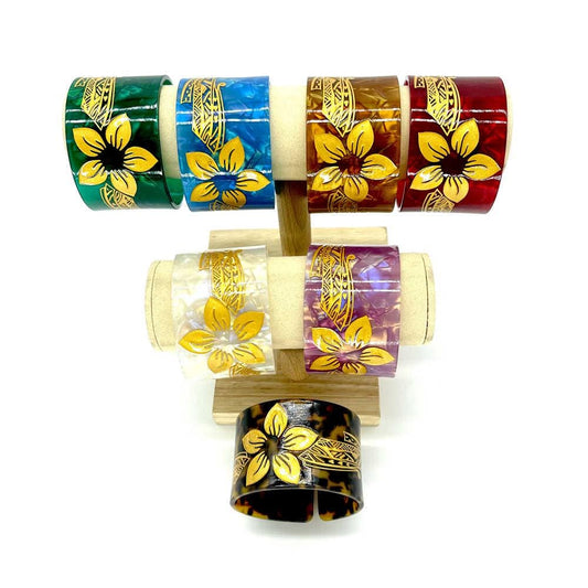 New Plumeria Floral Carved Acrylic Cuff Bracelets Bangles – Polynesian Island Tribal Jewelry – 2.75″ Diameter x 2″ Width | Gtex Fabrics