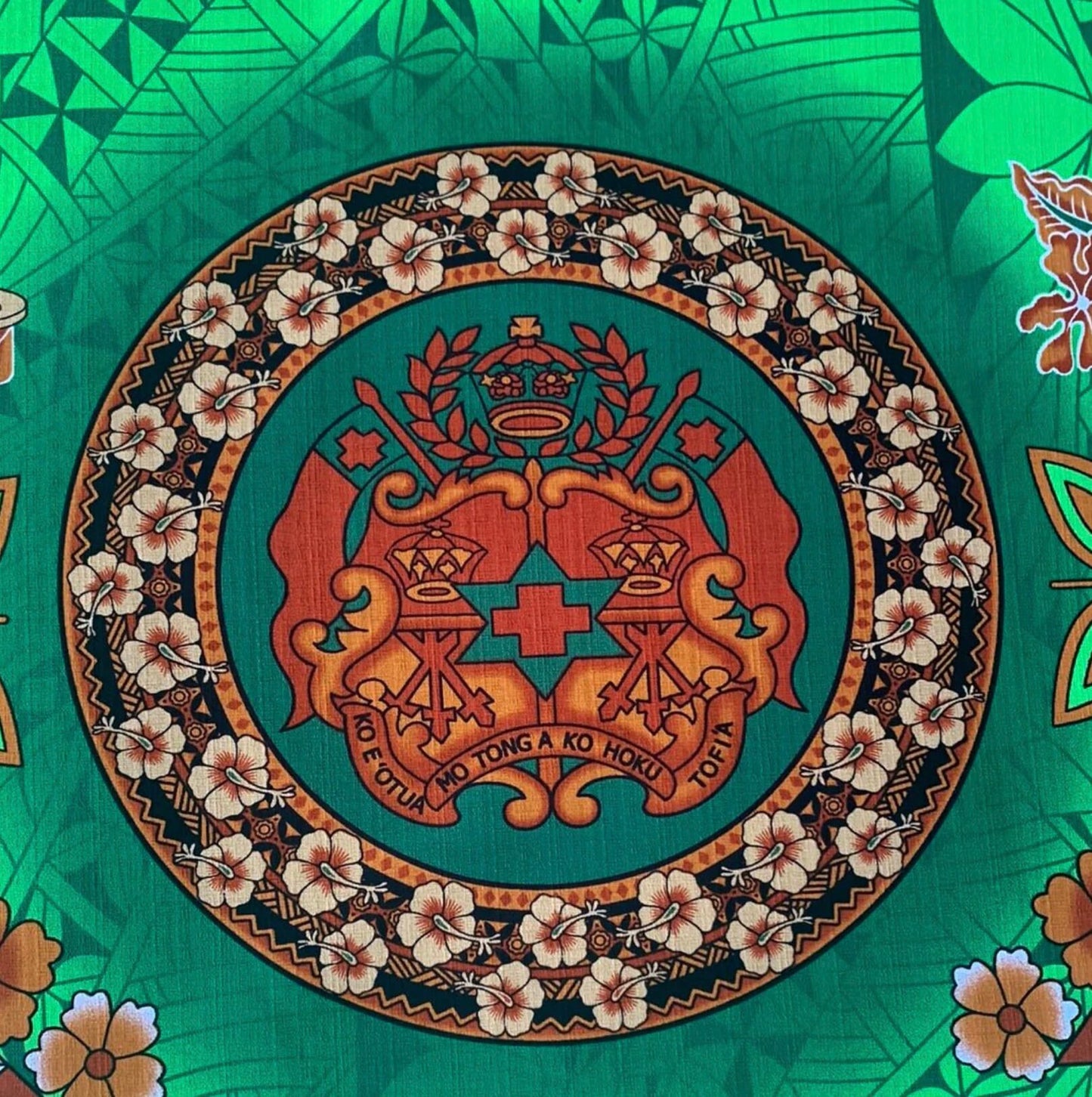 Polynesian Doby Cloth, Bark Cloth, 100% Cotton, High Quality Rich Colors - Seal of Tonga Cloth, Tonga Island Fabric, New Design - Green | Gtex Fabrics
