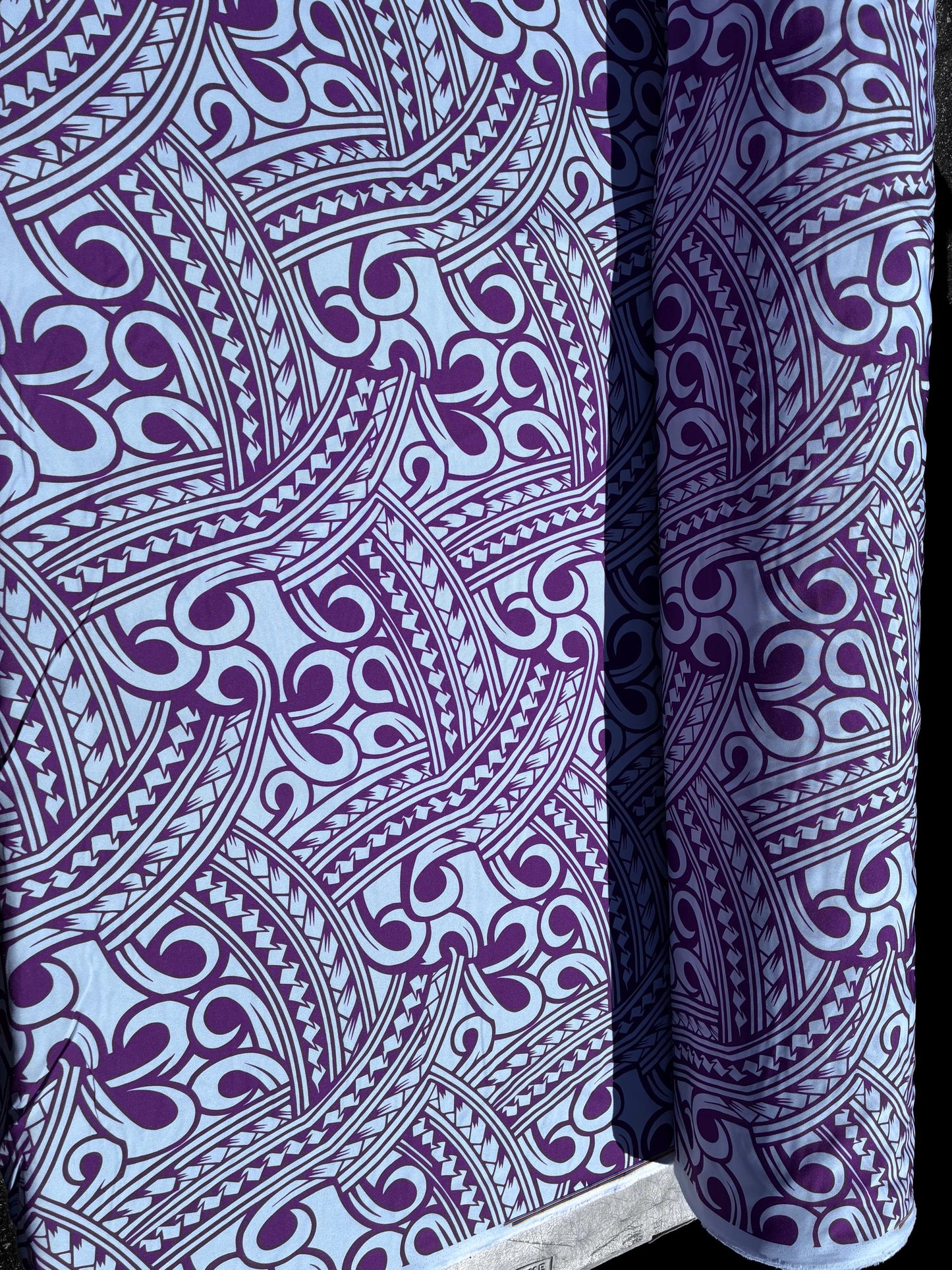Island Fabric - Polynesian Tribal Fabric – 100% Polyester MiniMatt – Made in New Zealand 60” Wide (White and Purple)  | Gtex Fabrics