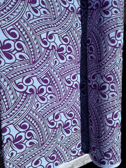 Island Fabric - Polynesian Tribal Fabric – 100% Polyester MiniMatt – Made in New Zealand 60” Wide (White and Purple)  | Gtex Fabrics