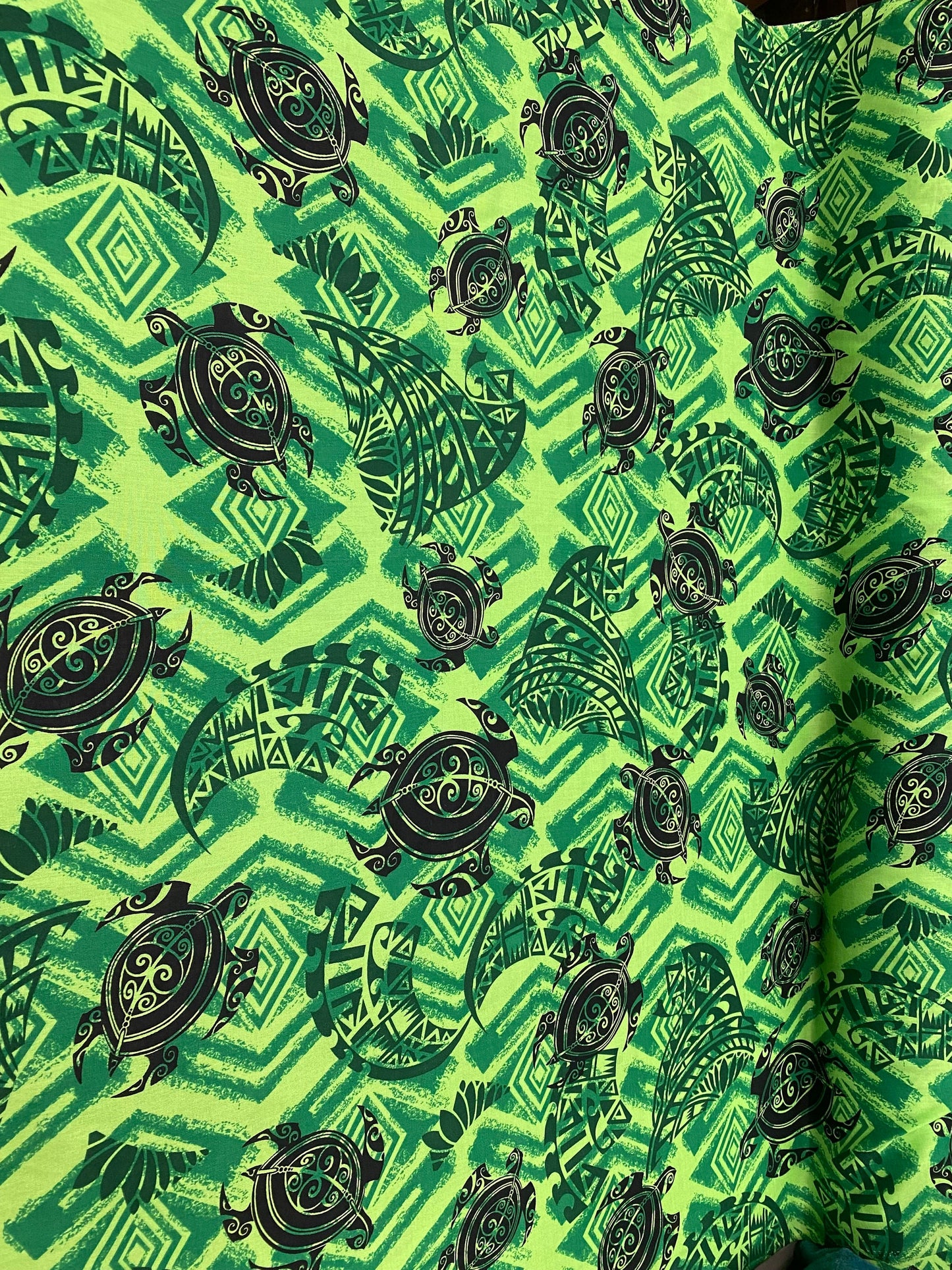 New! Polynesian Fabric, Hawaiian - Tropical Turtle and Tribal Tattoo Toss, Island Fabric - Sold by the Yard - Rayon Fabric 45" - Green Color  | Gtex Fabrics