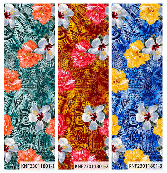 GTEX Collection: Polynesian Print Fabric with Plumeria Floral and Tribal Tattoo Design on Peach Skin -58" Wide - Island Fabric - By The Yard | Gtex Fabrics
