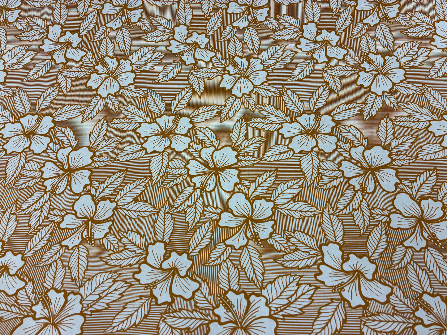 Hibiscus & Leaf Fabric – Gold and Begie Poly Cotton Blend Fabric, 44” Wide Tropical Island Print by the Yard