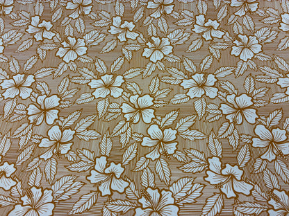 Hibiscus & Leaf Fabric – Gold and Begie Poly Cotton Blend Fabric, 44” Wide Tropical Island Print by the Yard