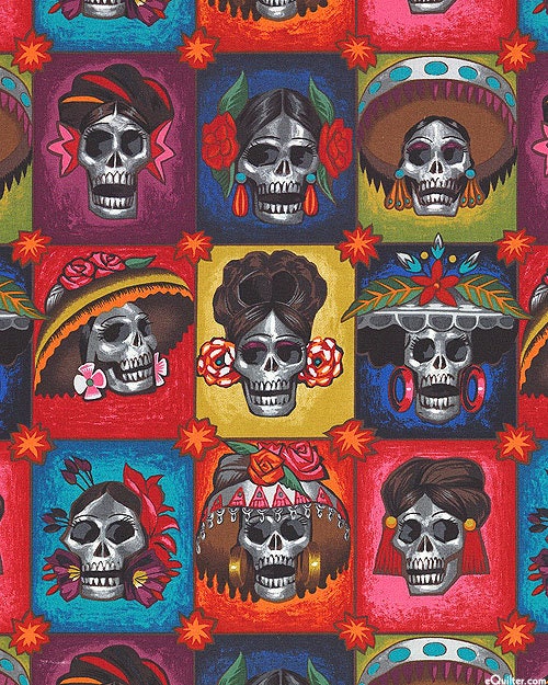 Alexander Henry Folklorico - La Senoras Elegantes - Dark - Day Of The Dead Skeleton Cards 100% Cotton Algodon tela material By The Yard   | Gtex Fabrics