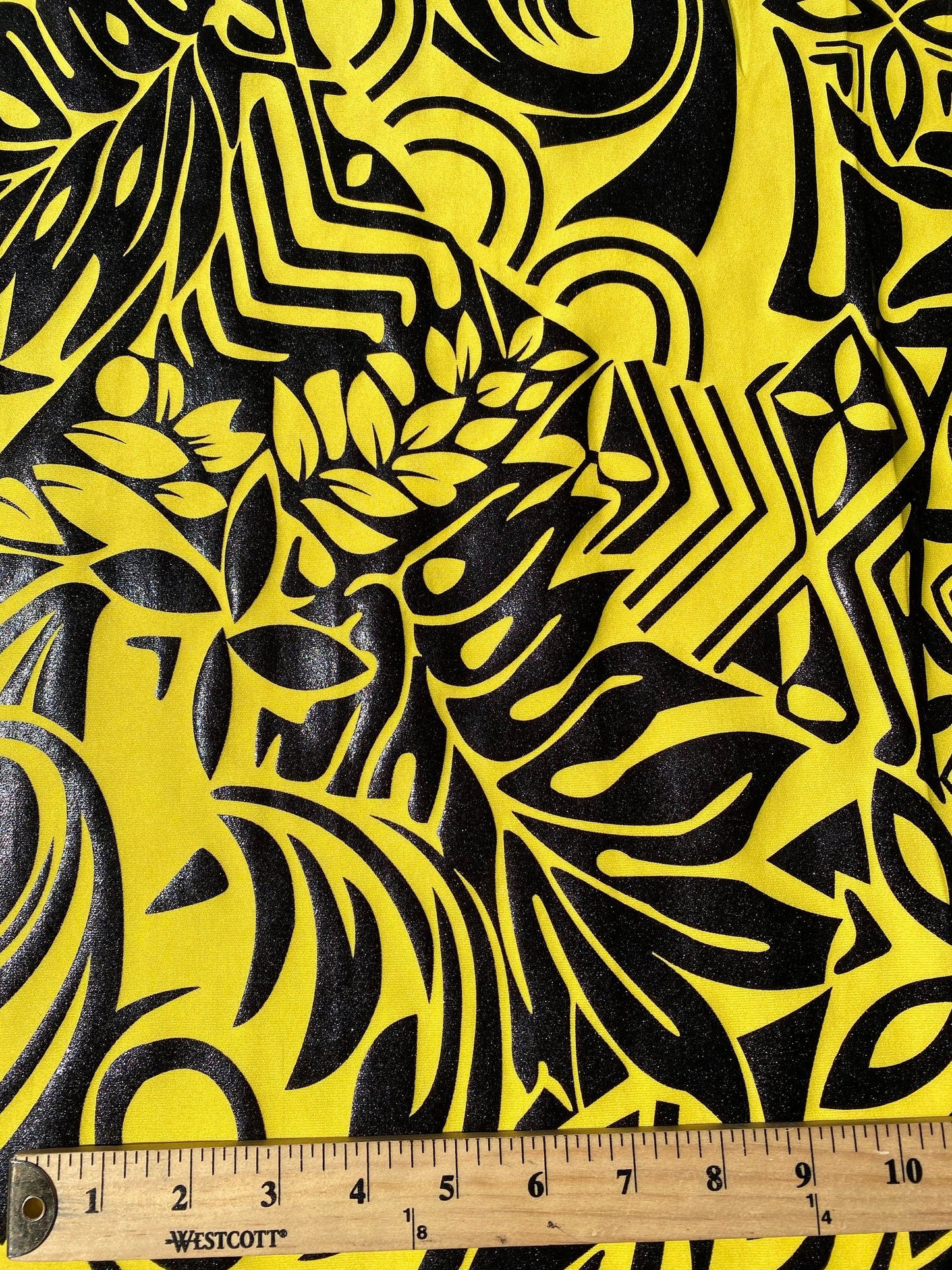 GTEX Collection- Exquisite Traditional Polynesian Tattoo Design | Foil Fabric - Stretch Scuba Fabric - 63" Luxury -Quality (Yellow & Black)  | Gtex Fabrics