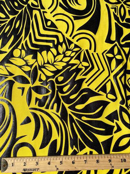 GTEX Collection- Exquisite Traditional Polynesian Tattoo Design | Foil Fabric - Stretch Scuba Fabric - 63" Luxury -Quality (Yellow & Black)  | Gtex Fabrics