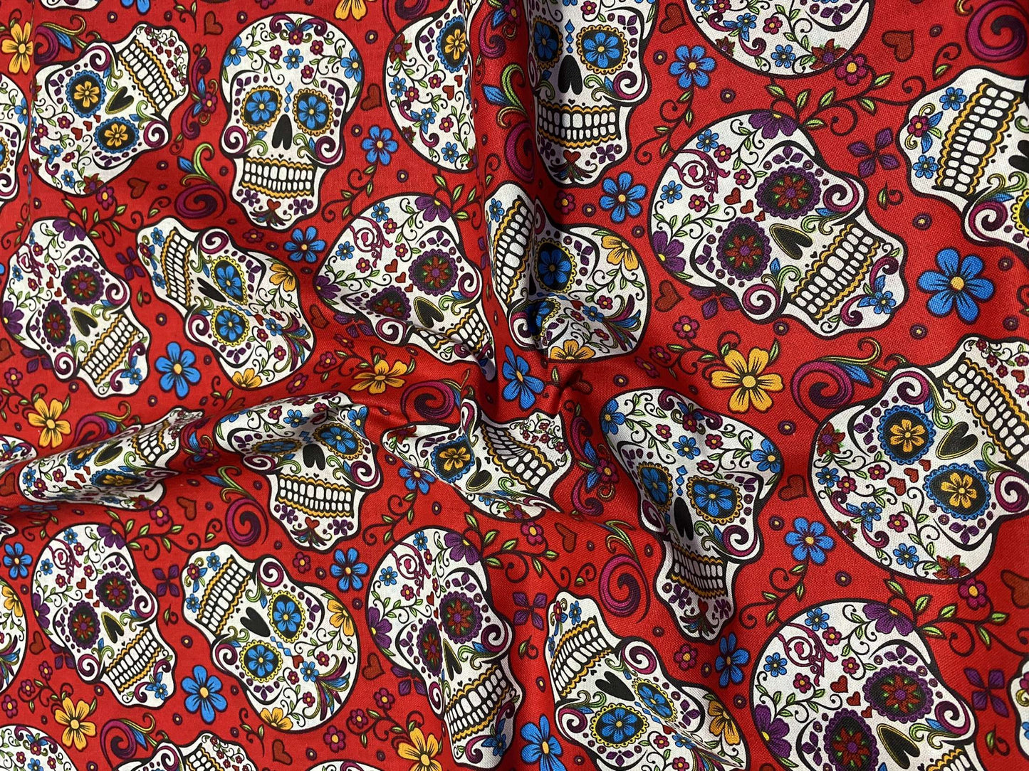 Mexican Heritage Folkloric Sugar Skulls 100% Cotton Fabric / Red Calaveras Fabric / David Textiles / 44" wide | Gtex Fabrics