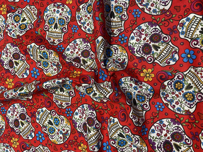 Mexican Heritage Folkloric Sugar Skulls 100% Cotton Fabric / Red Calaveras Fabric / David Textiles / 44" wide | Gtex Fabrics