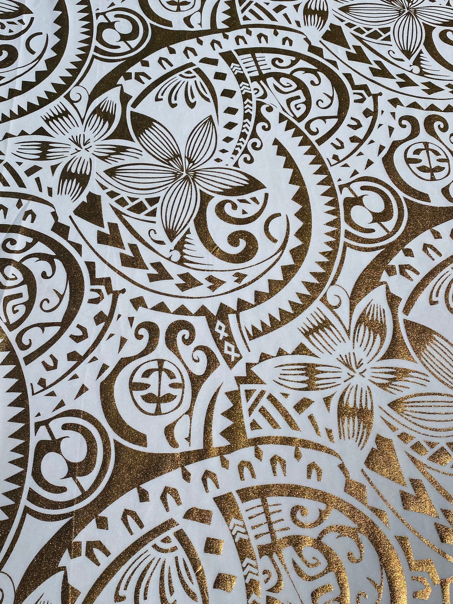 GTEX Collection- Exquisite Traditional Polynesian Tattoo Design | Foil Fabric - Stretch Scuba Fabric - 63" Luxury -Quality (White & Gold)   | Gtex Fabrics