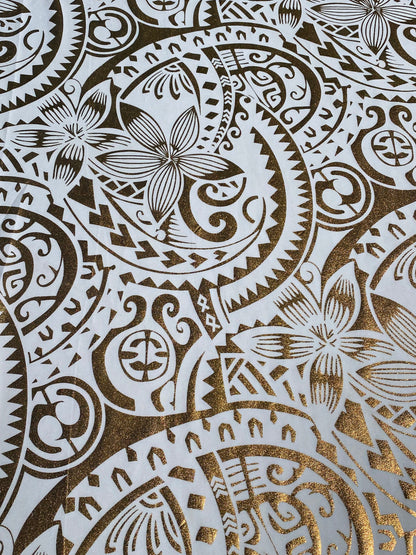 GTEX Collection- Exquisite Traditional Polynesian Tattoo Design | Foil Fabric - Stretch Scuba Fabric - 63" Luxury -Quality (White & Gold)   | Gtex Fabrics