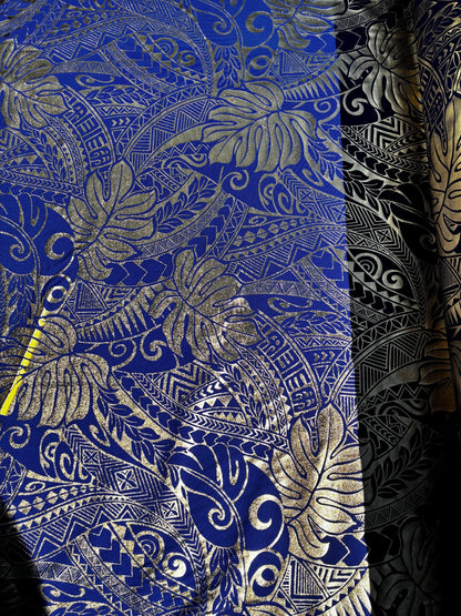 Traditional Polynesian Samoan Tongan Hawaiian Tattoo Hologram Foil Fabric | 58" Blue & Gold Color Foil Fabric (Non-Stretch) | Gtex Fabrics