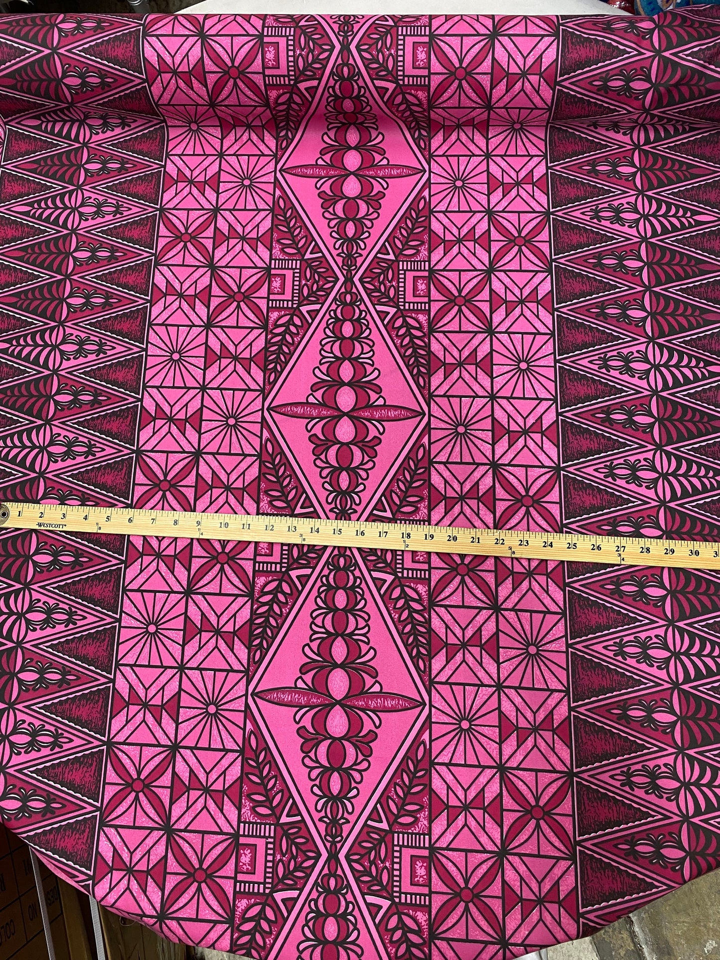 Polynesian Tongan Print, Tribal, Block Print, Polyester Fabric 45" - HD Design Island Fabric | POLY111 Pink