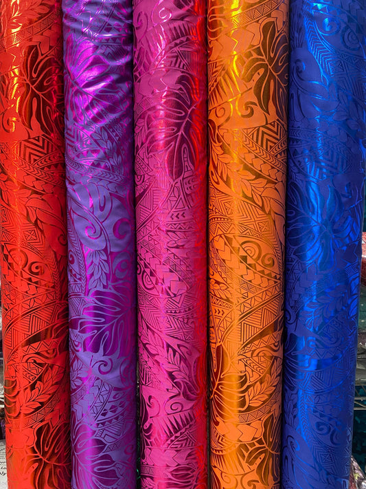 GTEX Collection- Exquisite Traditional Polynesian Samoan Tongan Hawaiian Tattoo Design & Monstera Leaf Hologram Foil Fabric (Non Stretch)  | Gtex Fabrics